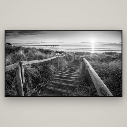 Dawn's Invitation, New Brighton Beach — Basel Black, 196×110 cm. New Zealand fine art wall art by Stephen Milner.