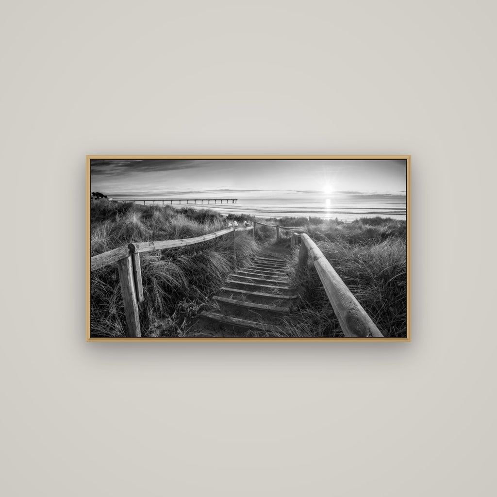 Dawn's Invitation, New Brighton Beach, Basel Natural Oak, 107×60 cm. New Zealand fine art wall art by Stephen Milner.