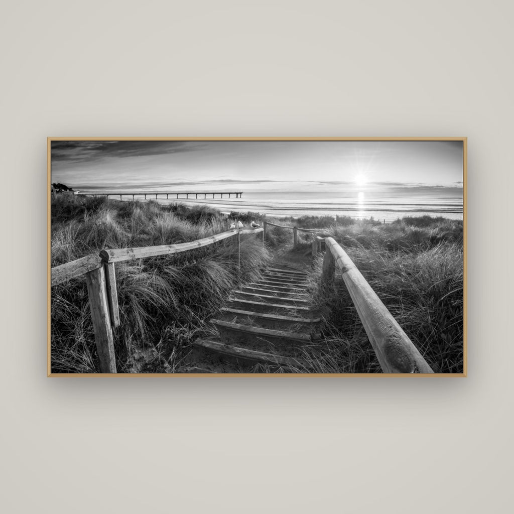 Dawn's Invitation, New Brighton Beach, Basel Natural Oak, 160×90 cm. New Zealand fine art wall art by Stephen Milner.