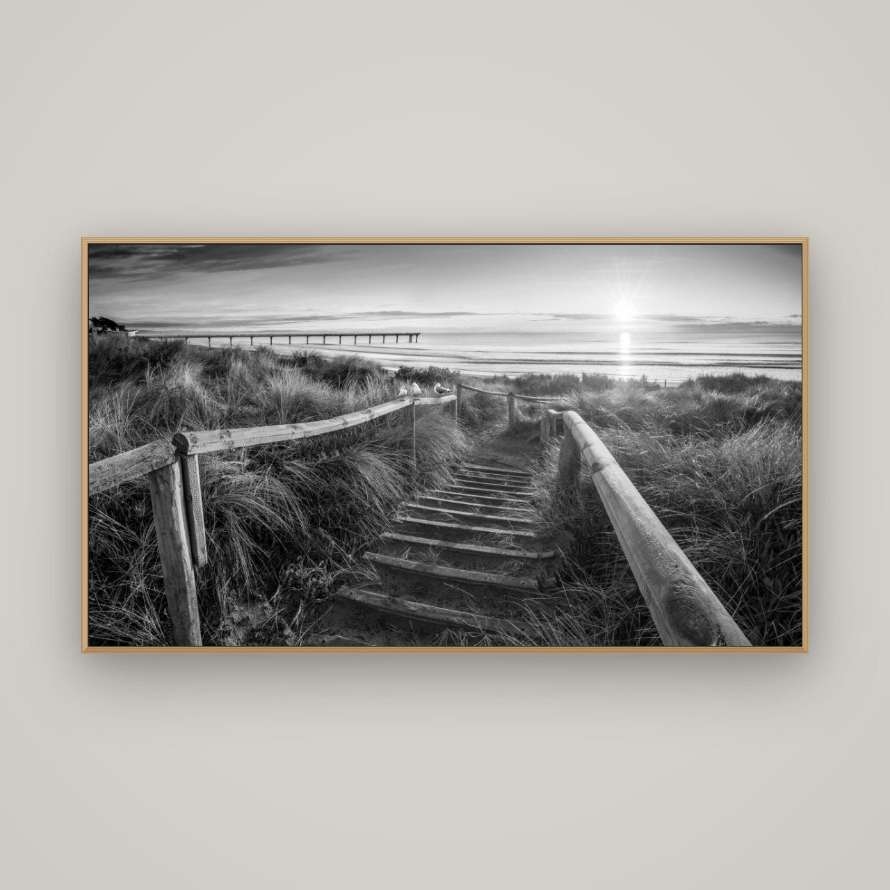 Dawn's Invitation, New Brighton Beach, Basel Natural Oak, 160×90 cm. New Zealand fine art wall art by Stephen Milner.