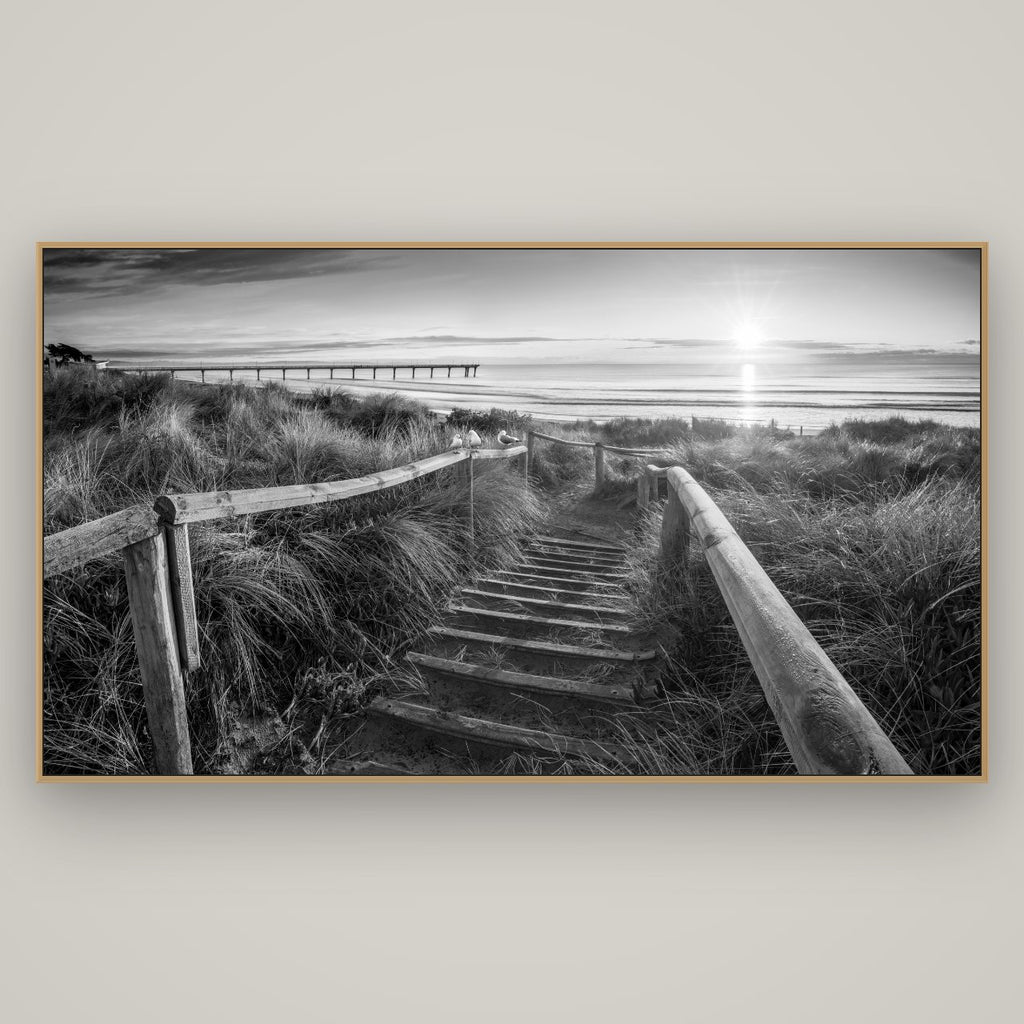 Dawn's Invitation, New Brighton Beach, Basel Natural Oak, 196×110 cm. New Zealand fine art wall art by Stephen Milner.