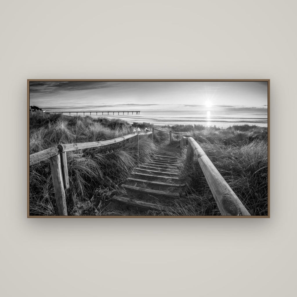 Dawn's Invitation, New Brighton Beach, Basel Walnut, 160×90 cm. New Zealand fine art wall art by Stephen Milner.