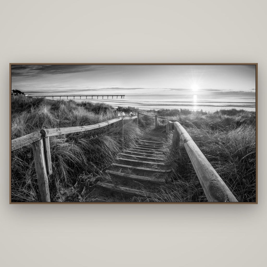 Dawn's Invitation, New Brighton Beach, Basel Walnut, 196×110 cm. New Zealand fine art wall art by Stephen Milner.