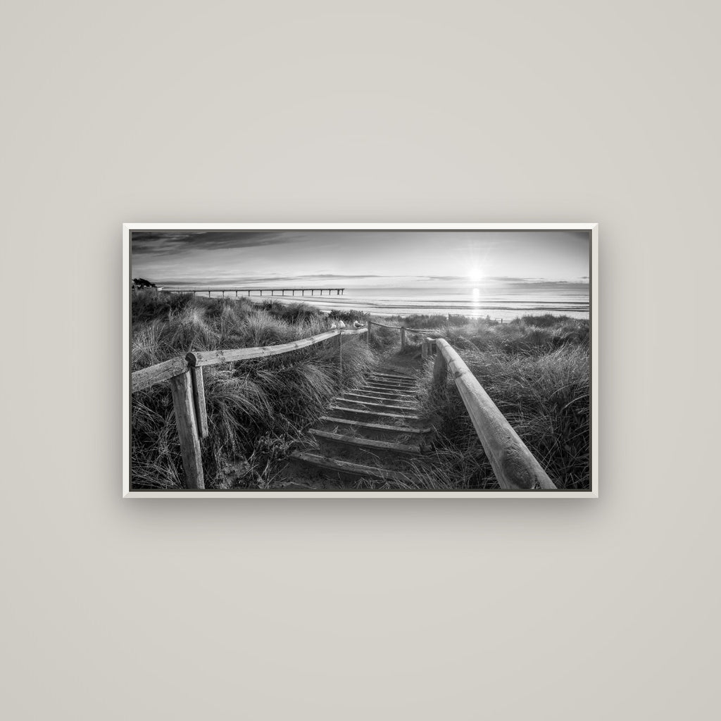 Dawn's Invitation, New Brighton Beach — Basel White, 107×60 cm. New Zealand fine art wall art by Stephen Milner.