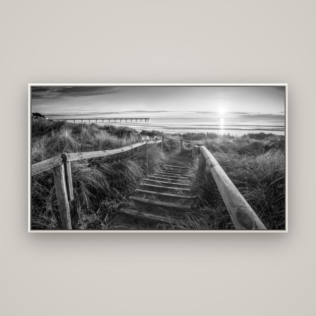 Dawn's Invitation, New Brighton Beach — Basel White, 160×90 cm. New Zealand fine art wall art by Stephen Milner.