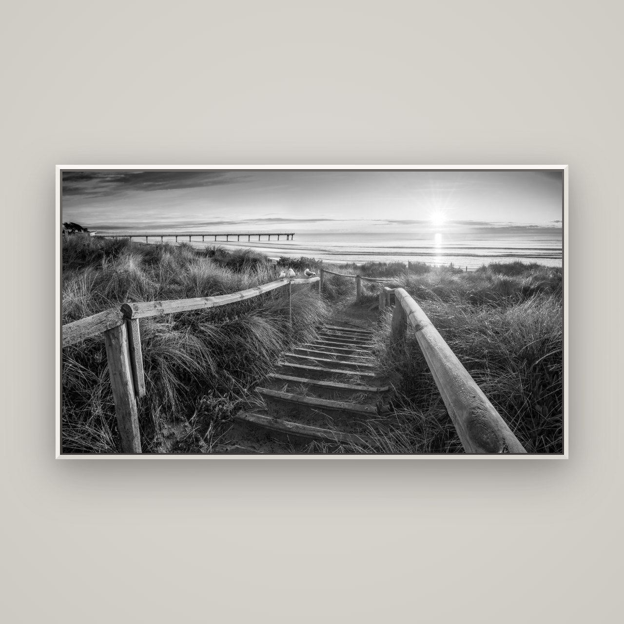 Dawn's Invitation, New Brighton Beach — Basel White, 160×90 cm. New Zealand fine art wall art by Stephen Milner.
