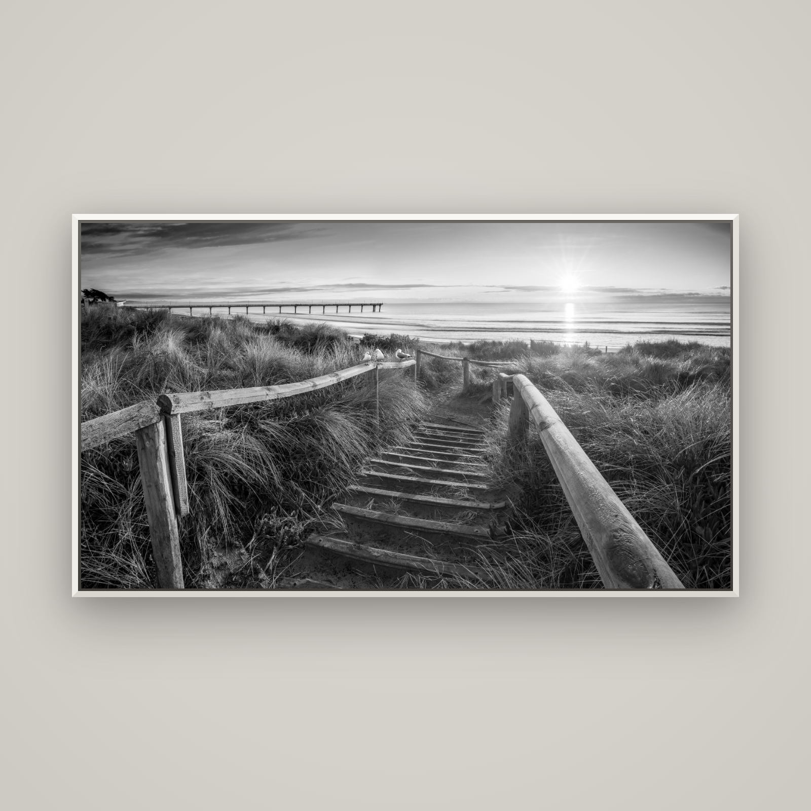 Dawn's Invitation, New Brighton Beach — Basel White, 160×90 cm. New Zealand fine art wall art by Stephen Milner.