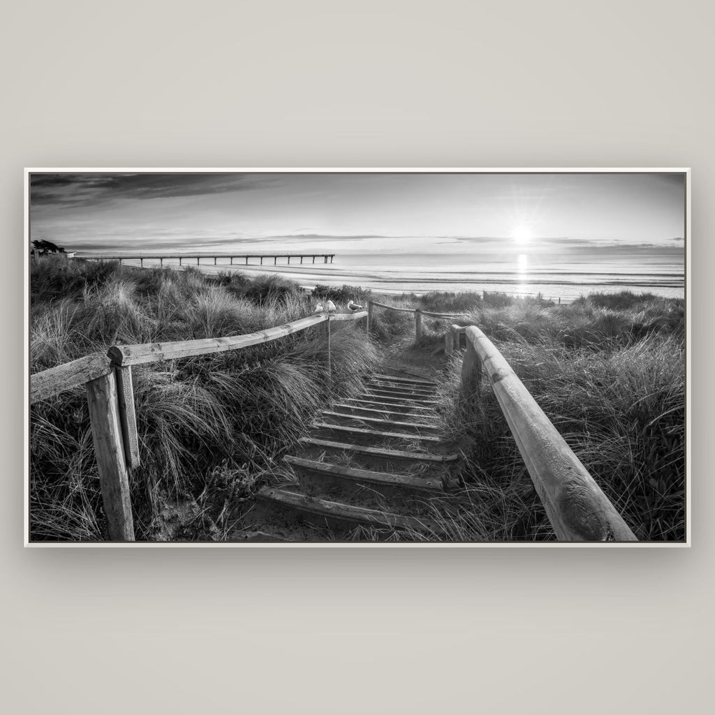 Dawn's Invitation, New Brighton Beach — Basel White, 196×110 cm. New Zealand fine art wall art by Stephen Milner.