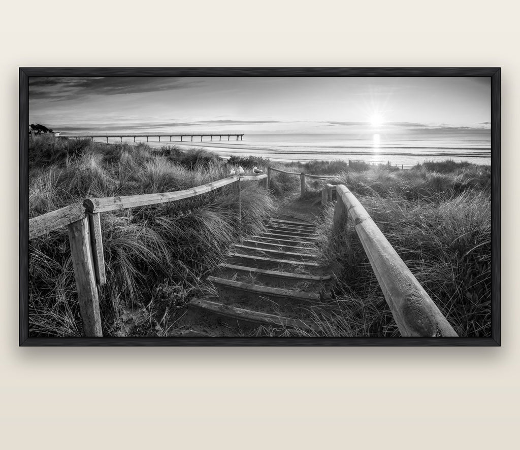Dawn's Invitation, New Brighton Beach — black float frame canvas, 200 × 130 cm. New Zealand fine art landscape wall art by Stephen Milner.