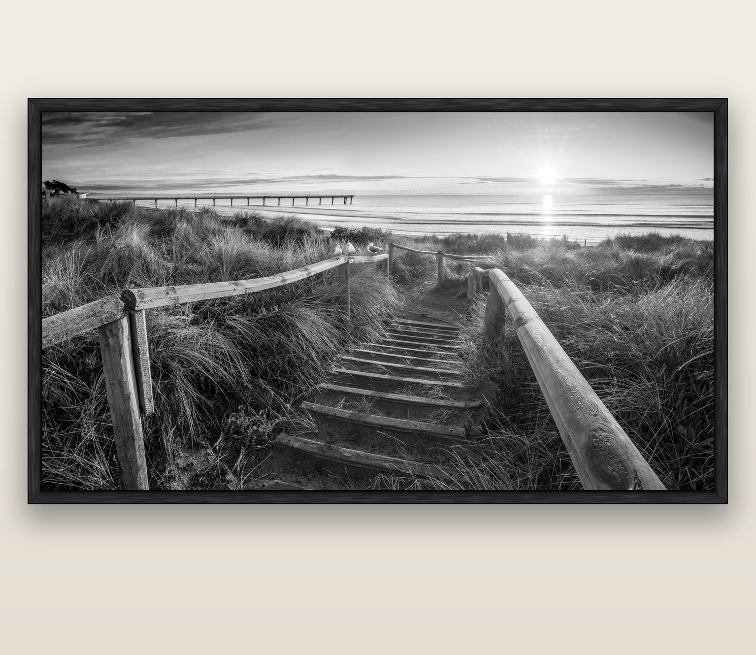 Dawn's Invitation, New Brighton Beach — black float frame canvas, 200 × 130 cm. New Zealand fine art landscape wall art by Stephen Milner.