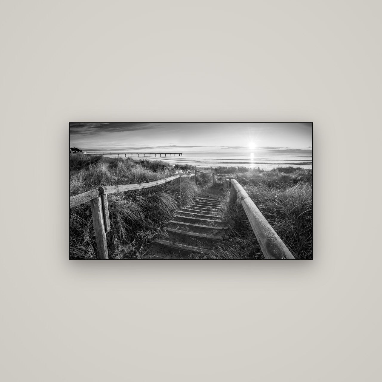 Dawn's Invitation, New Brighton Beach — Slimline Black, 107×60 cm. New Zealand fine art wall art by Stephen Milner.
