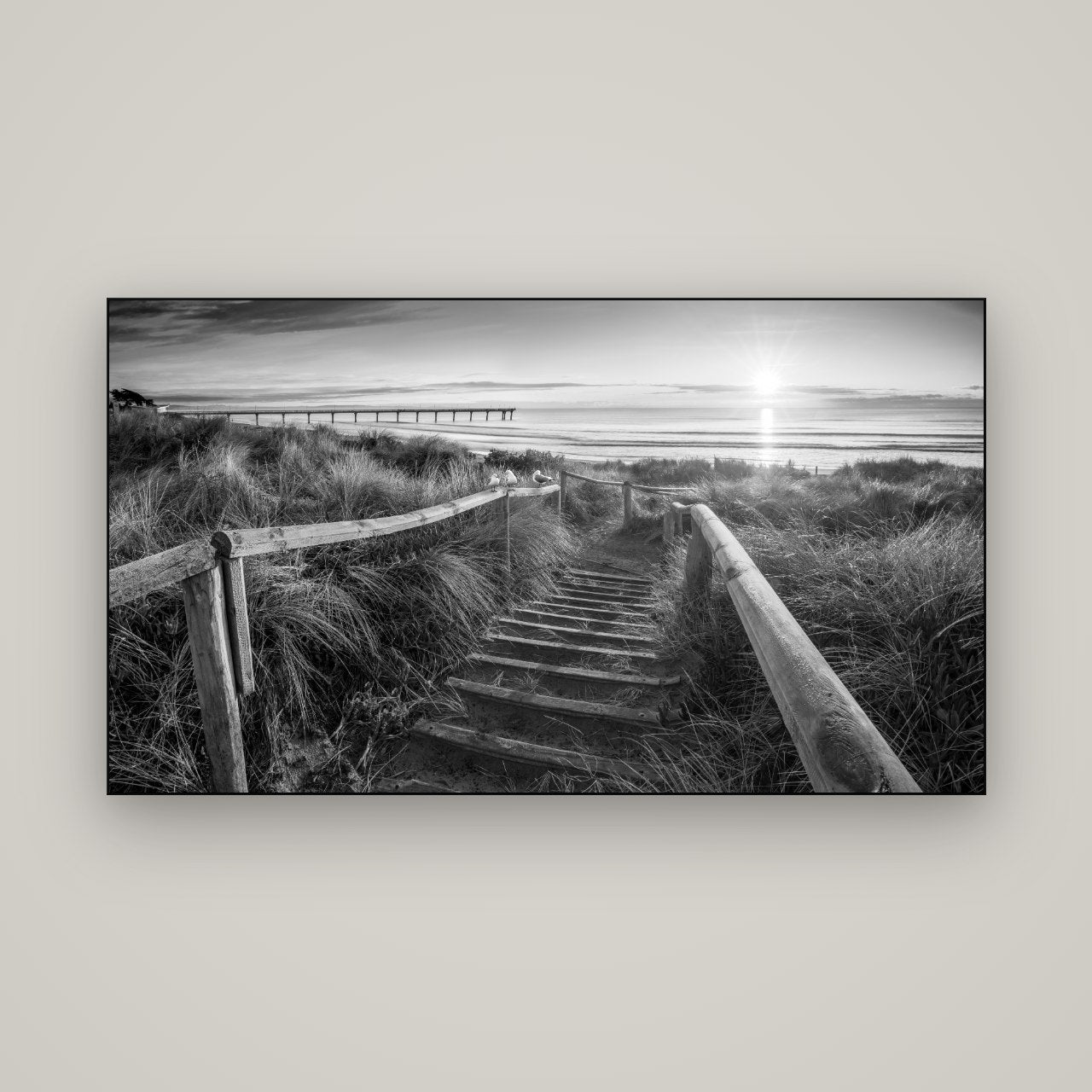 Dawn's Invitation, New Brighton Beach — Slimline Black, 160×90 cm. New Zealand fine art wall art by Stephen Milner.