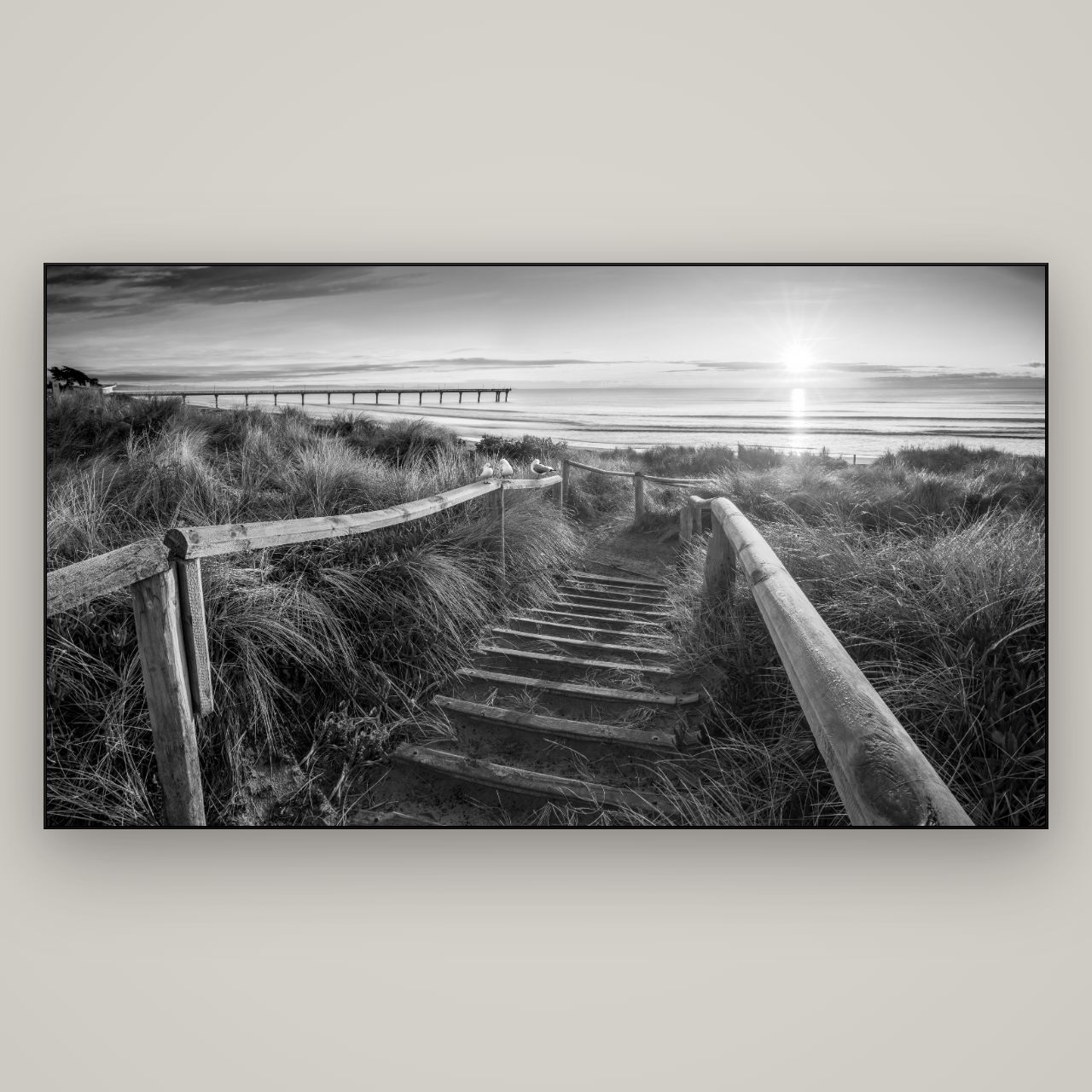 Dawn's Invitation, New Brighton Beach — Slimline Black, 196×110 cm. New Zealand fine art wall art by Stephen Milner.