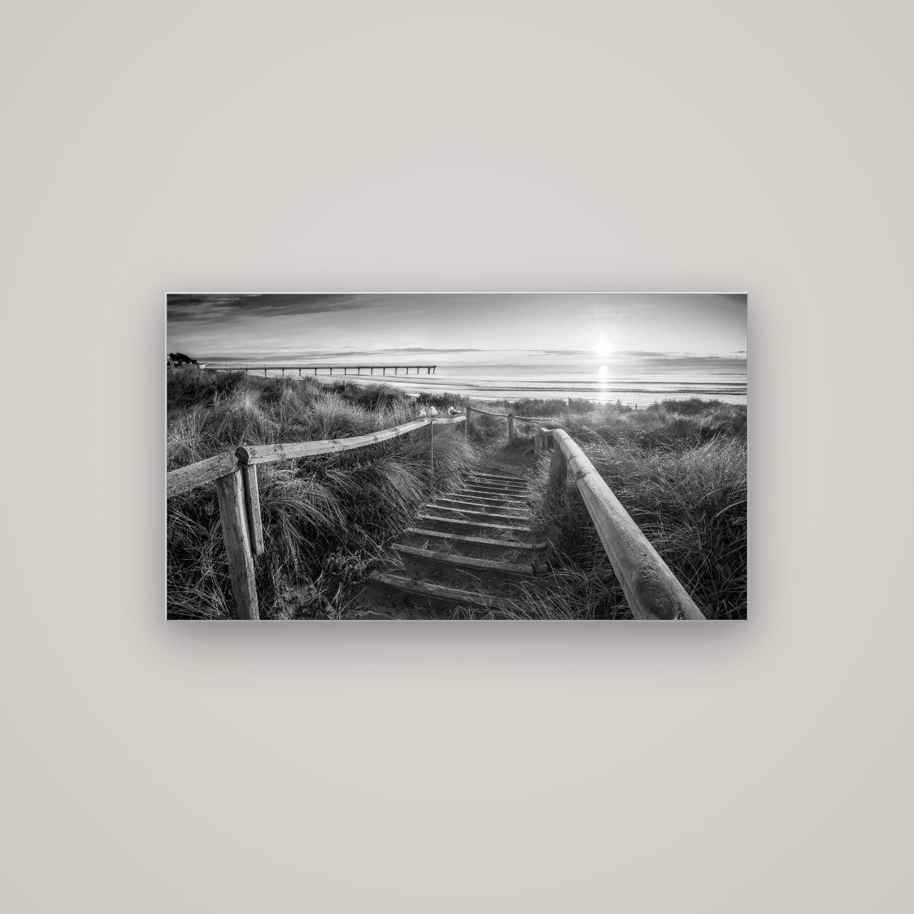 Dawn's Invitation, New Brighton Beach — Slimline Silver, 107×60 cm. New Zealand fine art wall art by Stephen Milner.