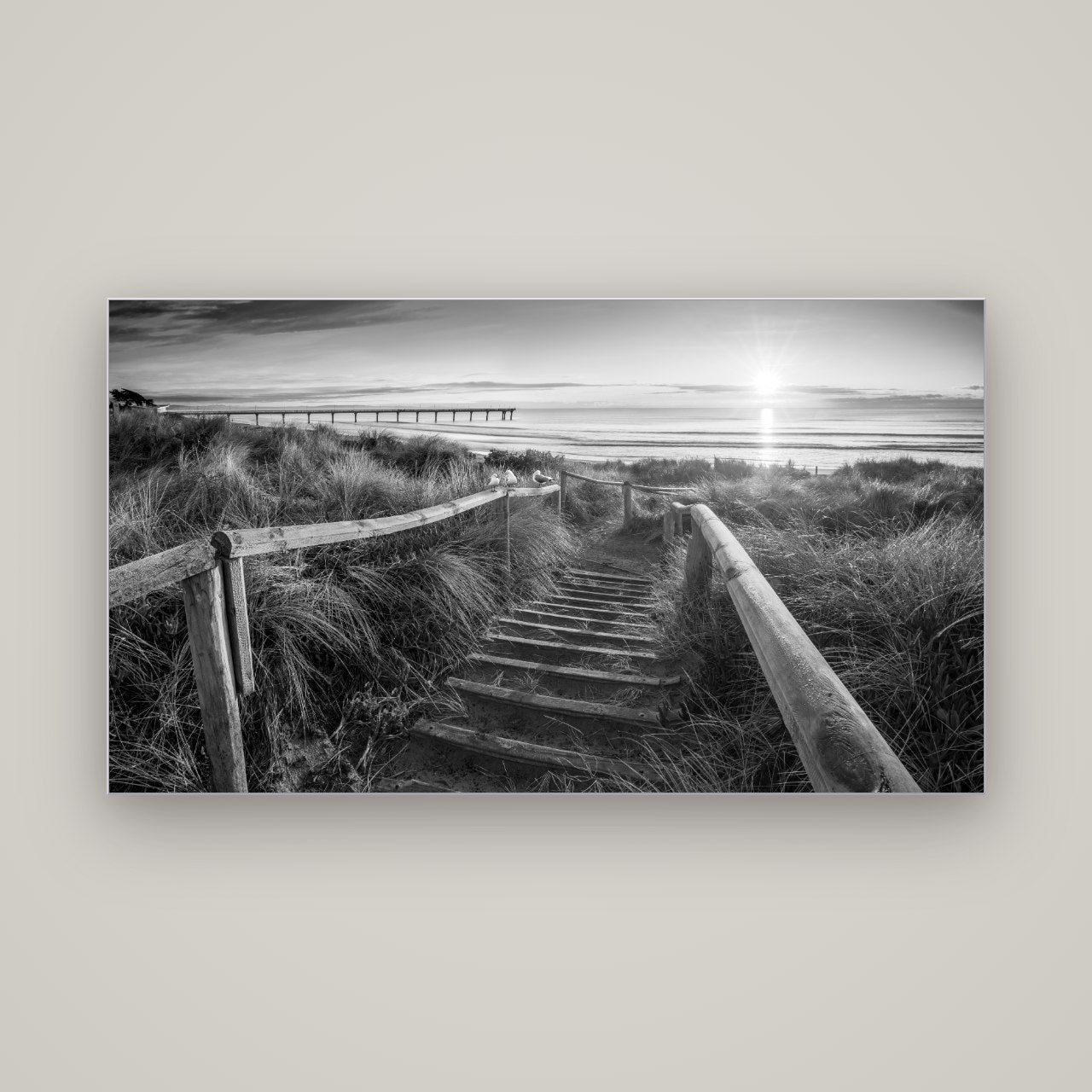 Dawn's Invitation, New Brighton Beach — Slimline Silver, 160×90 cm. New Zealand fine art wall art by Stephen Milner.