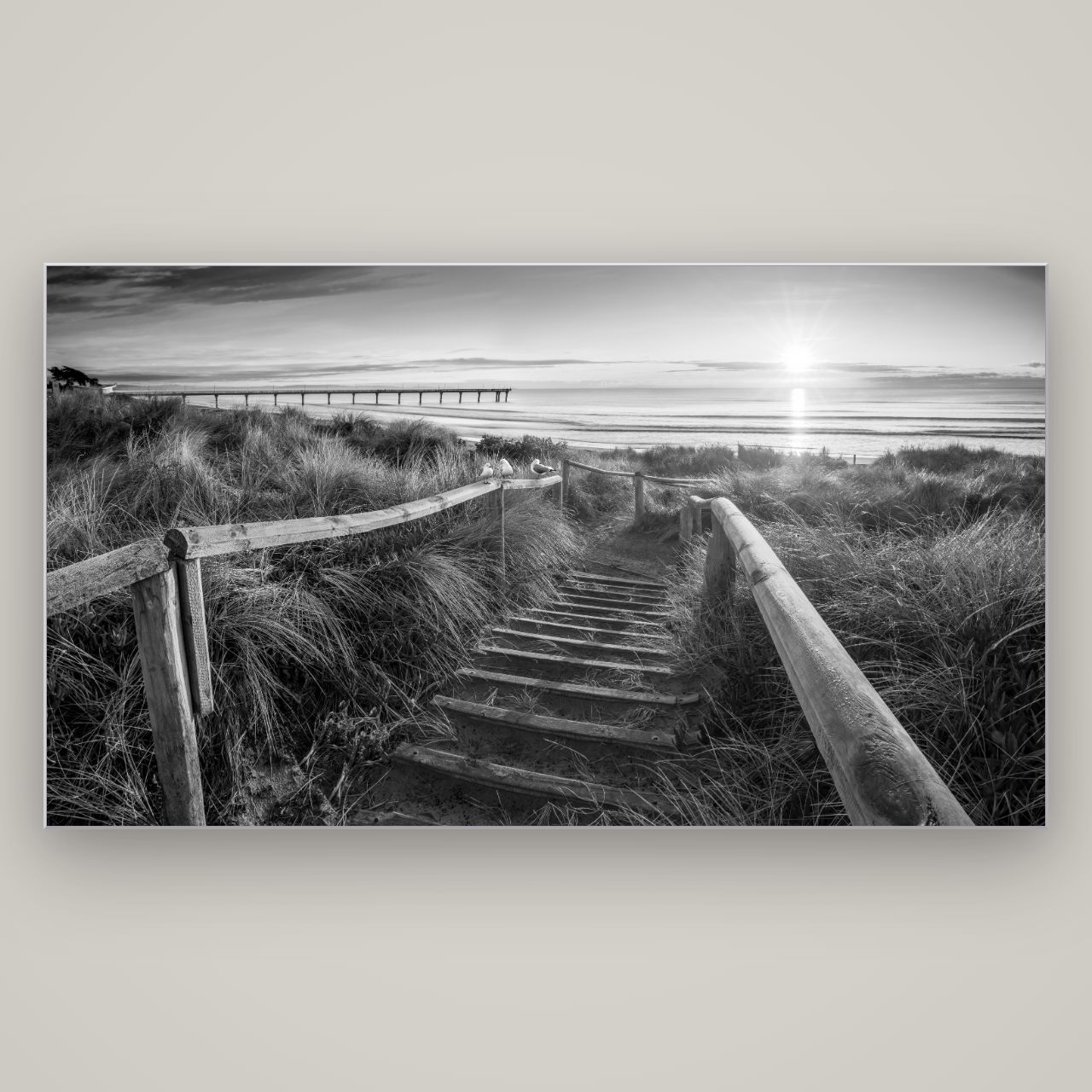Dawn's Invitation, New Brighton Beach — Slimline Silver, 196×110 cm. New Zealand fine art wall art by Stephen Milner.