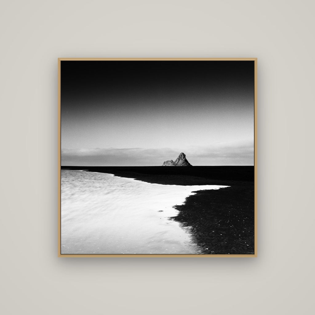 Dawns Lost Treasure, Karekare Beach, Basel Natural Oak, 100×100 cm. New Zealand fine art wall art by Stephen Milner.