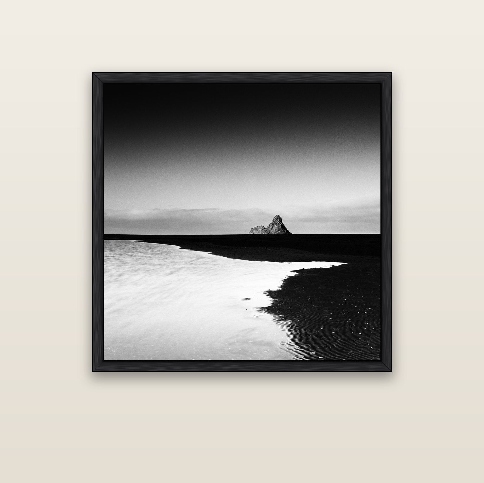 Dawns Lost Treasure, Karekare Beach — black float frame canvas, 102 × 102 cm. New Zealand fine art landscape wall art by Stephen Milner.