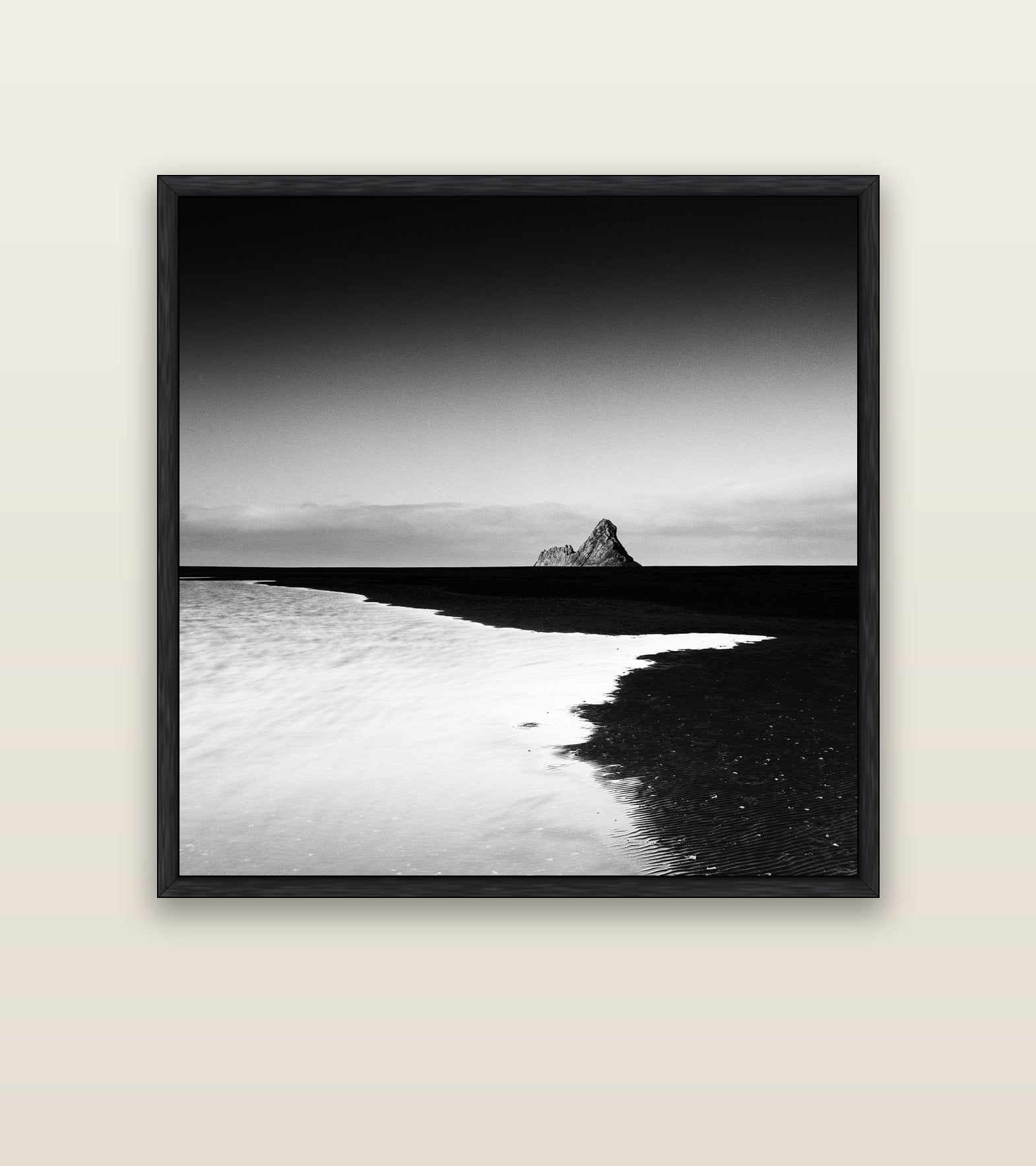 Dawns Lost Treasure, Karekare Beach — black float frame canvas, 127 × 127 cm. New Zealand fine art landscape wall art by Stephen Milner.