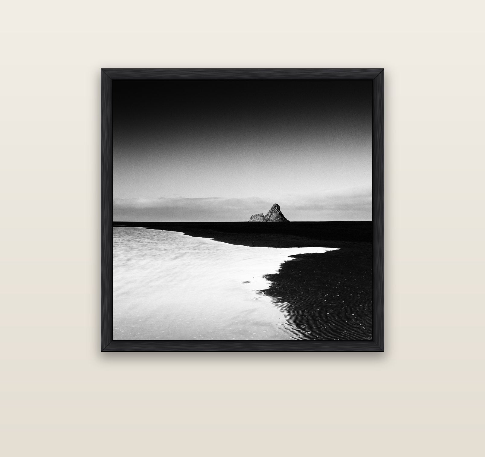 Dawns Lost Treasure, Karekare Beach — black float frame canvas, 91 × 91 cm. New Zealand fine art landscape wall art by Stephen Milner.
