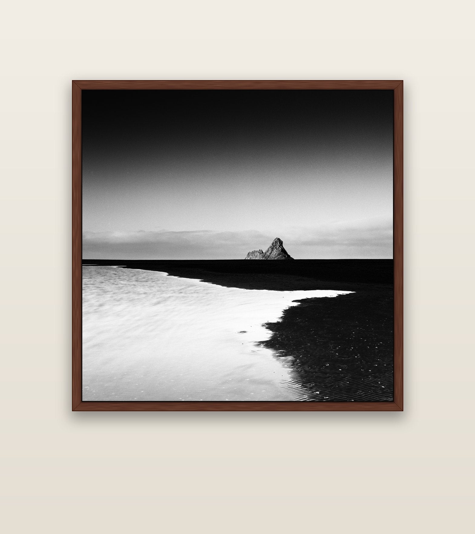 Dawns Lost Treasure, Karekare Beach — brown float frame canvas, 127 × 127 cm. New Zealand fine art landscape wall art by Stephen Milner.