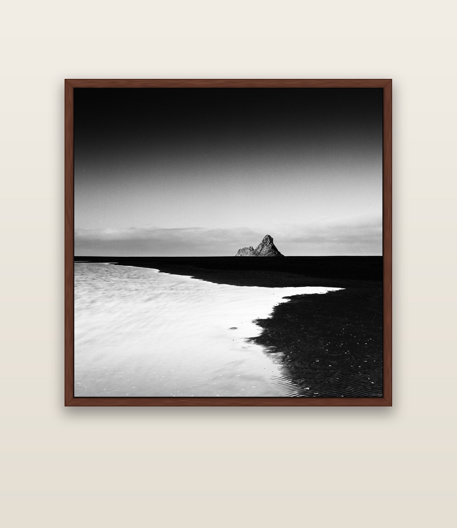 Dawns Lost Treasure, Karekare Beach — brown float frame canvas, 133 × 133 cm. New Zealand fine art landscape wall art by Stephen Milner.