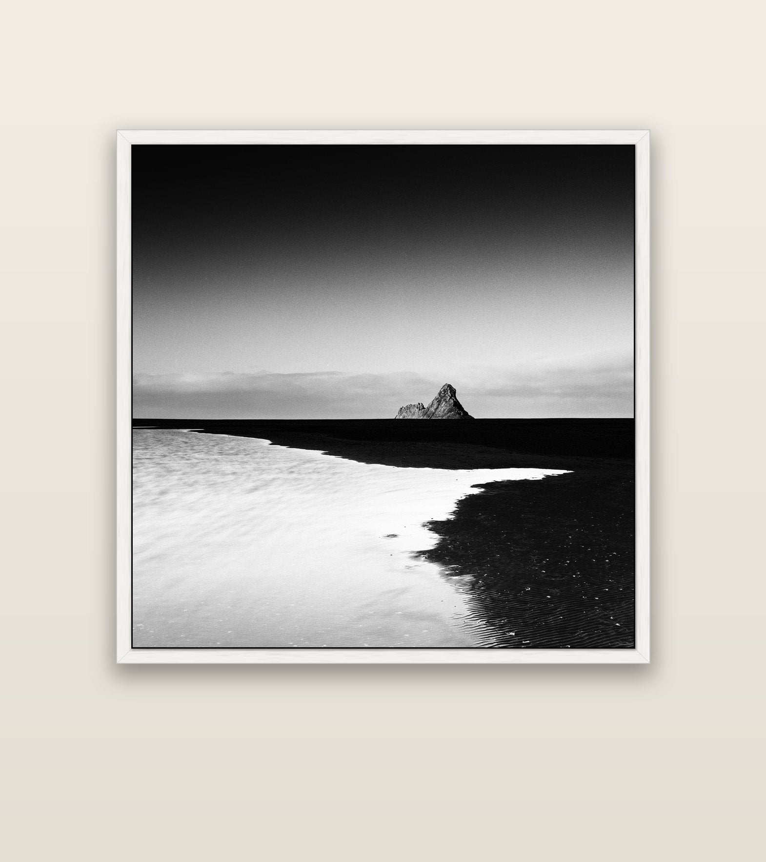 Dawns Lost Treasure, Karekare Beach — white float frame canvas, 127 × 127 cm. New Zealand fine art landscape wall art by Stephen Milner.