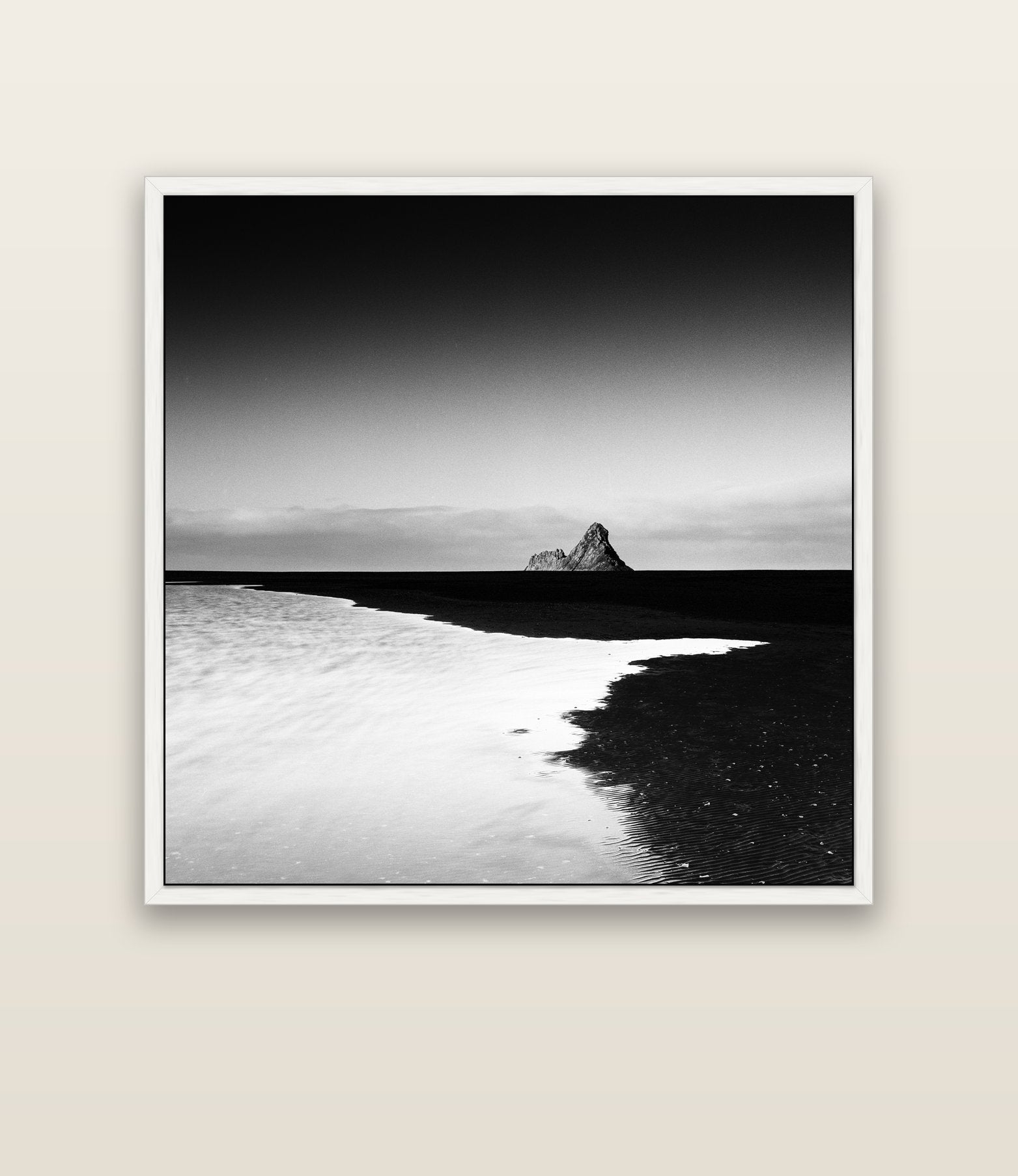Dawns Lost Treasure, Karekare Beach — white float frame canvas, 133 × 133 cm. New Zealand fine art landscape wall art by Stephen Milner.