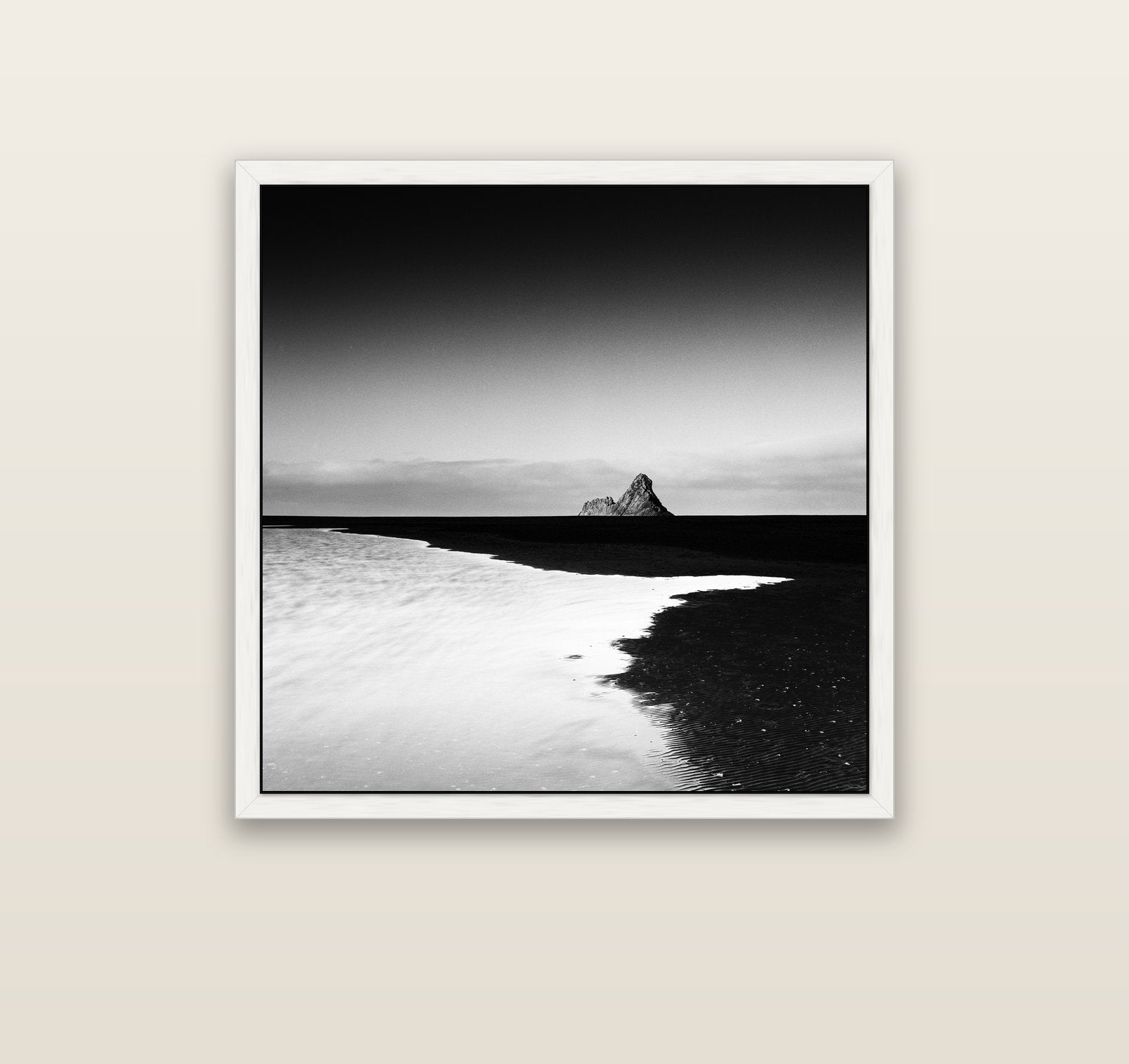 Dawns Lost Treasure, Karekare Beach — white float frame canvas, 91 × 91 cm. New Zealand fine art landscape wall art by Stephen Milner.