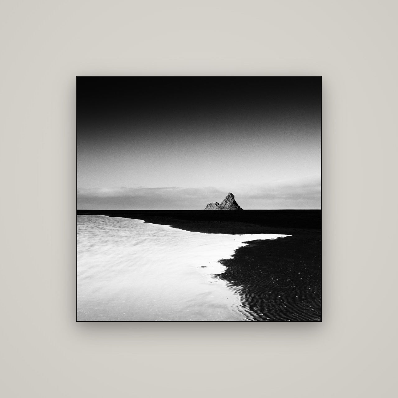 Dawns Lost Treasure, Karekare Beach — Slimline Black, 100×100 cm. New Zealand fine art wall art by Stephen Milner.
