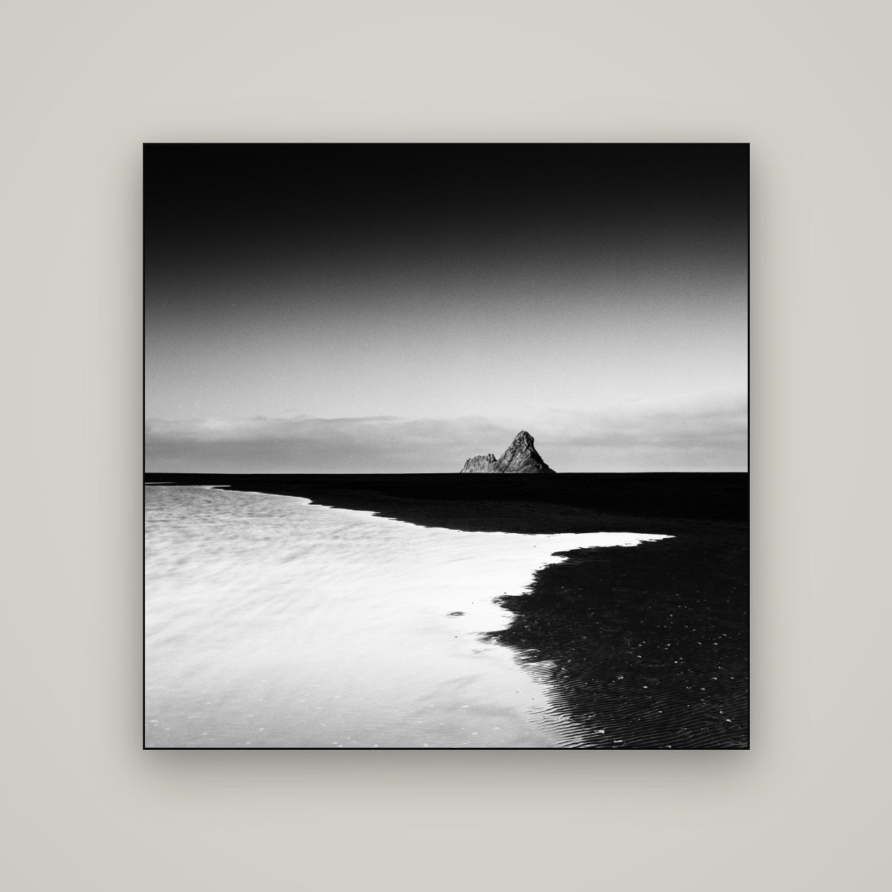 Dawns Lost Treasure, Karekare Beach — Slimline Black, 120×120 cm. New Zealand fine art wall art by Stephen Milner.