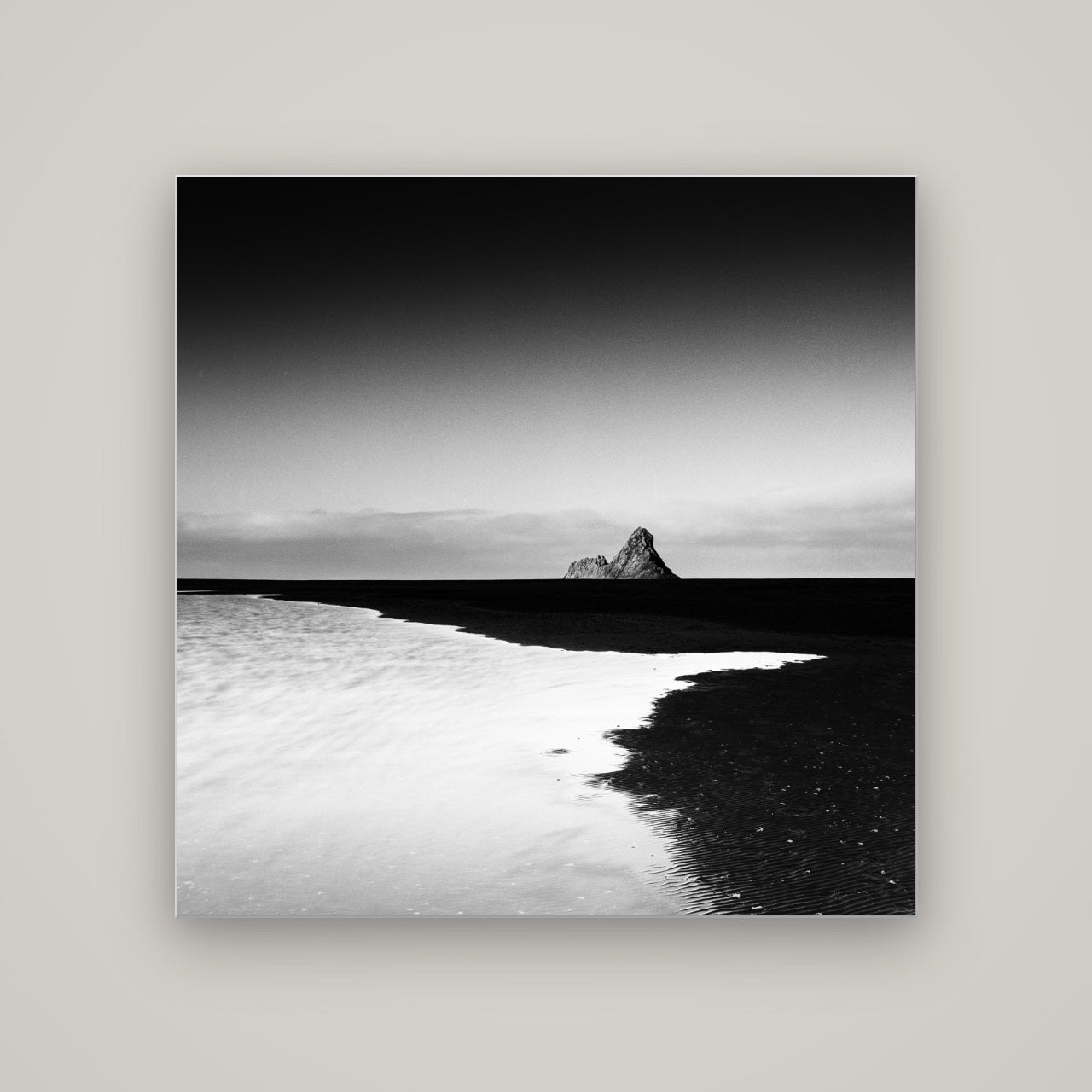 Dawns Lost Treasure, Karekare Beach — Slimline Silver, 120×120 cm. New Zealand fine art wall art by Stephen Milner.
