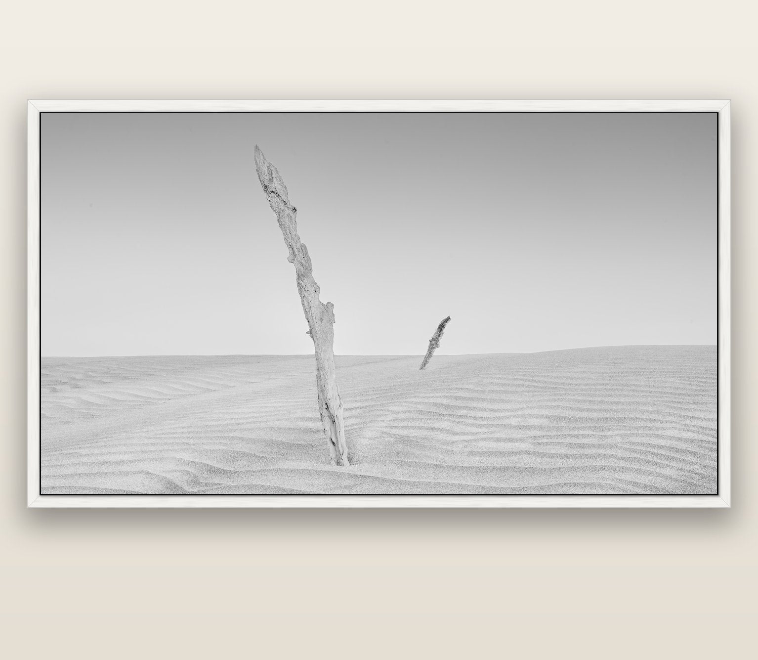 Desert Remnants, Pouto Peninsula — white float frame canvas, 201 × 99 cm. New Zealand fine art landscape wall art by Stephen Milner.