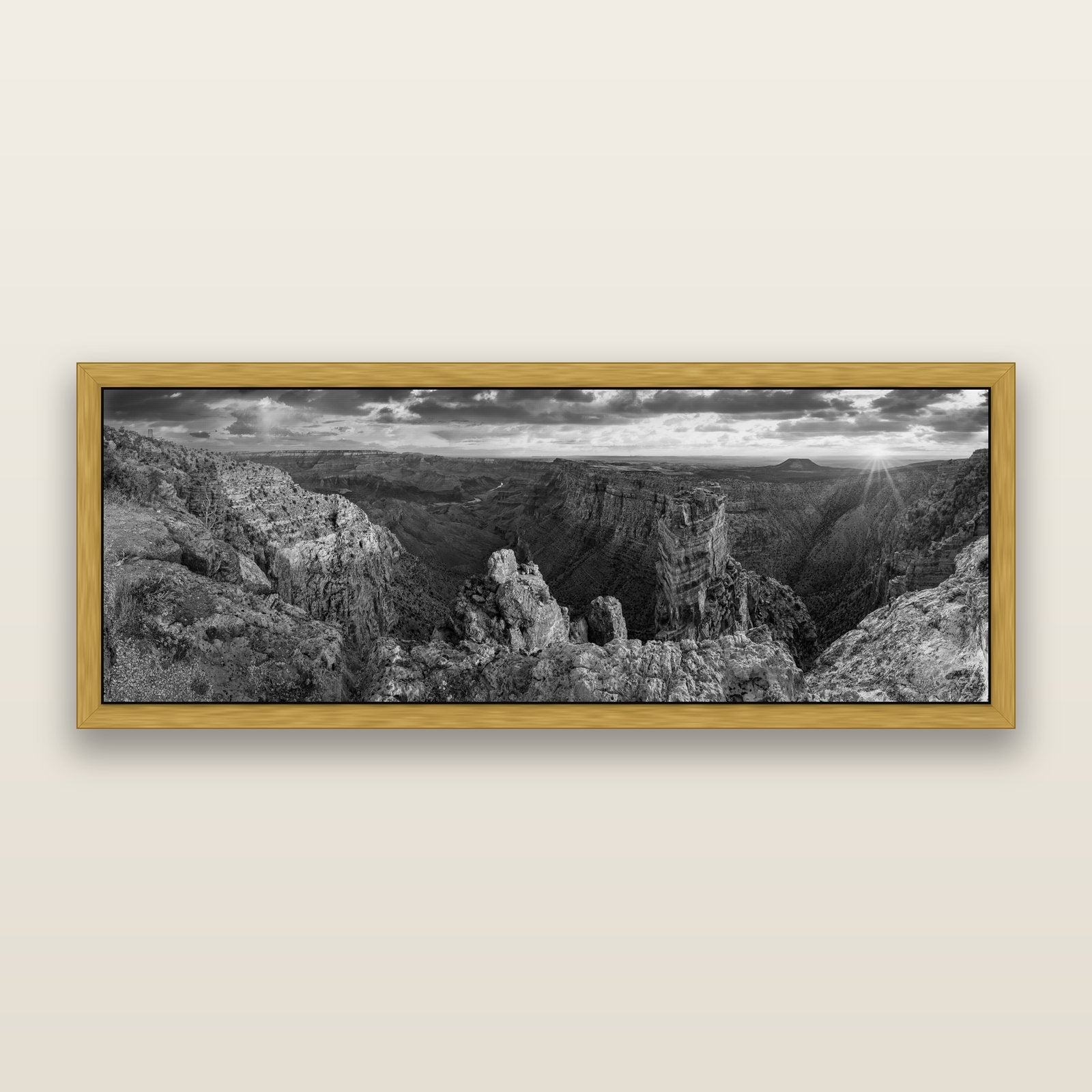 Desert's Symphony, Grand Canyon Sunrise Reverie, black and white framed metallic canvas print, Antique Gold frame. New Zealand fine art wall art by Stephen Milner.