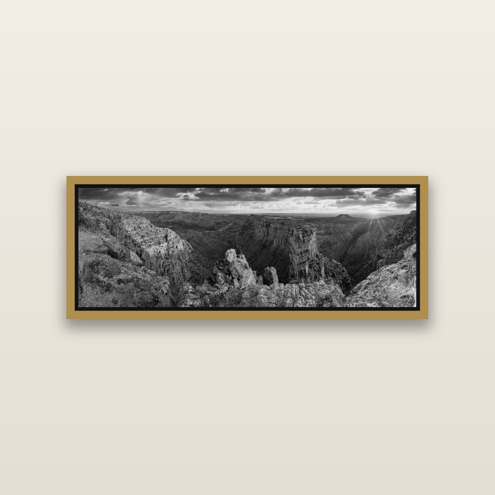 Desert's Symphony, Grand Canyon Sunrise Reverie — Antique Gold framed metallic canvas print, small 86 × 30 cm. New Zealand fine art landscape wall art by Stephen Milner.