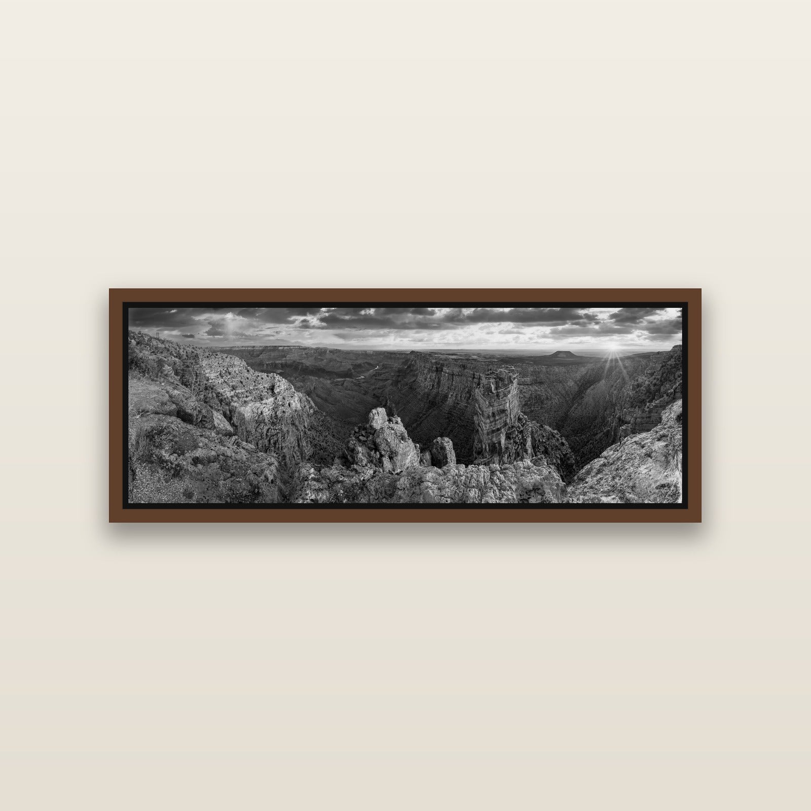 Desert's Symphony, Grand Canyon Sunrise Reverie — Brown framed metallic canvas print, small 86 × 30 cm. New Zealand fine art landscape wall art by Stephen Milner.