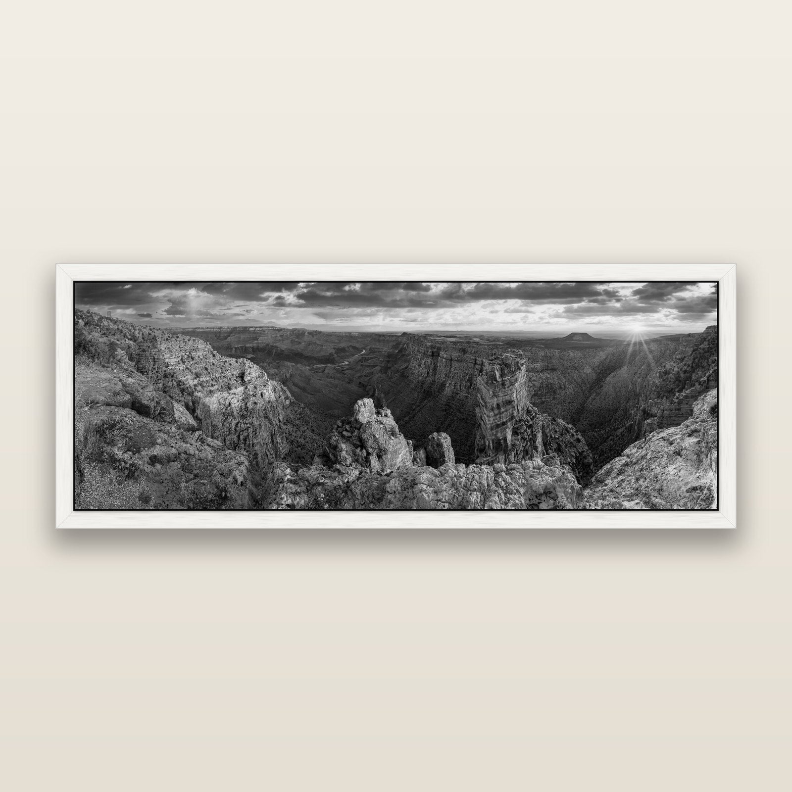 Desert's Symphony, Grand Canyon Sunrise Reverie, black and white framed metallic canvas print, White frame. New Zealand fine art wall art by Stephen Milner.