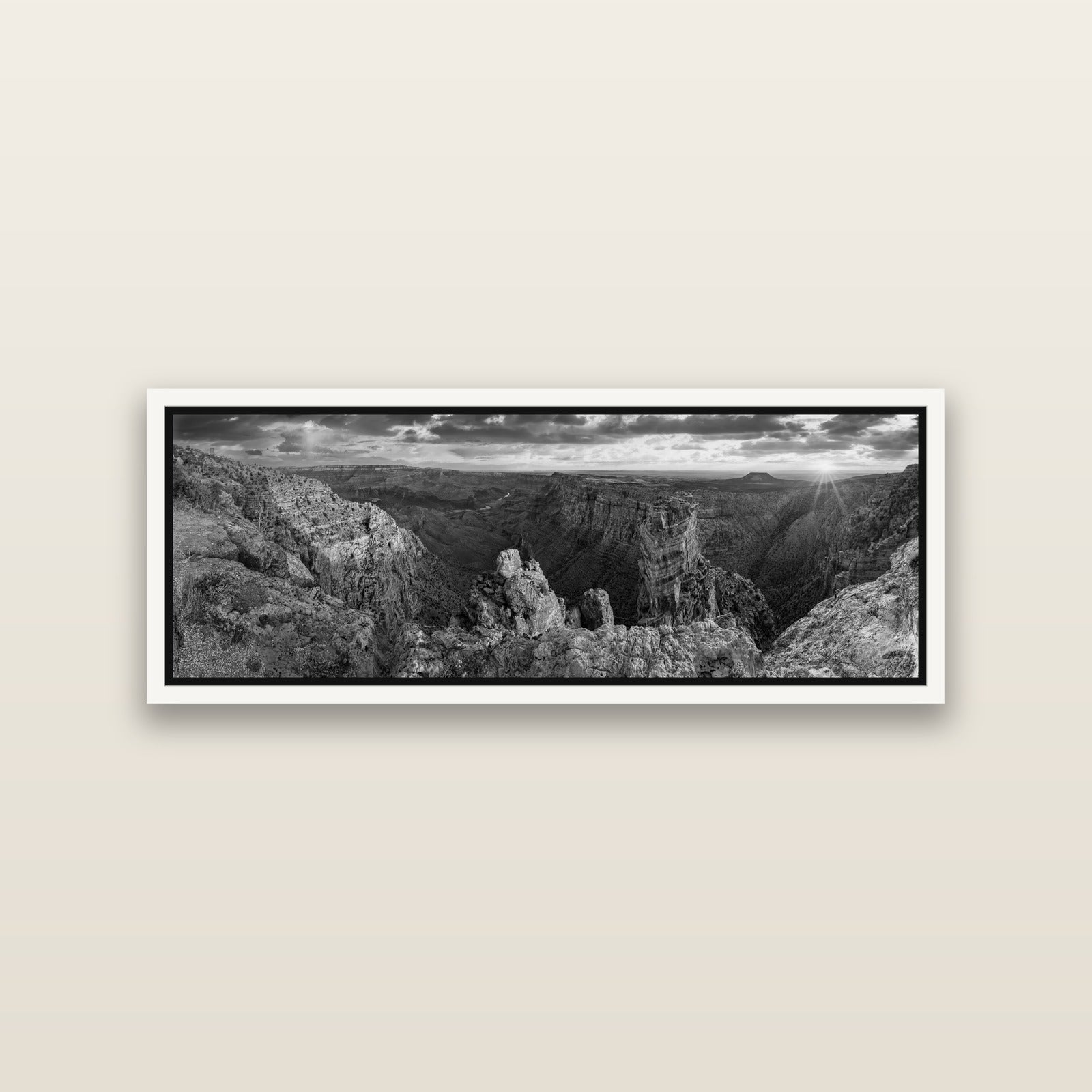 Desert's Symphony, Grand Canyon Sunrise Reverie — White framed metallic canvas print, small 86 × 30 cm. New Zealand fine art landscape wall art by Stephen Milner.
