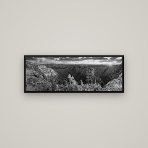 Desert's Symphony, Grand Canyon Sunrise Reverie — Basel Black, 113×40 cm. New Zealand fine art wall art by Stephen Milner.