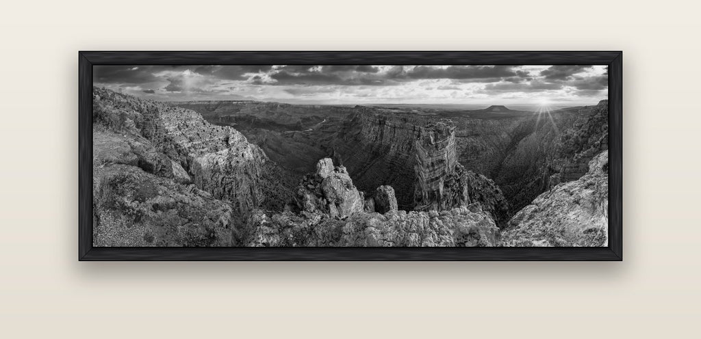 Desert's Symphony, Grand Canyon Sunrise Reverie — black float frame canvas, 152 × 56 cm. New Zealand fine art landscape wall art by Stephen Milner.