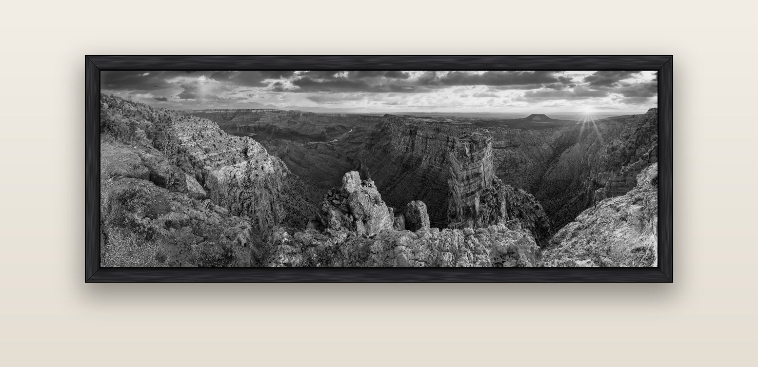 Desert's Symphony, Grand Canyon Sunrise Reverie — black float frame canvas, 152 × 56 cm. New Zealand fine art landscape wall art by Stephen Milner.