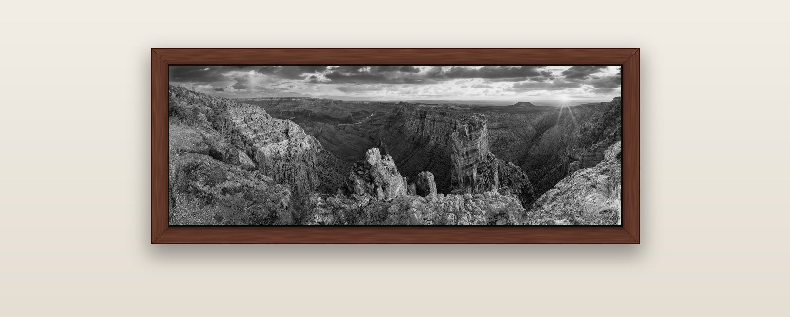 Desert's Symphony, Grand Canyon Sunrise Reverie — brown float frame canvas, 102 × 36 cm. New Zealand fine art landscape wall art by Stephen Milner.