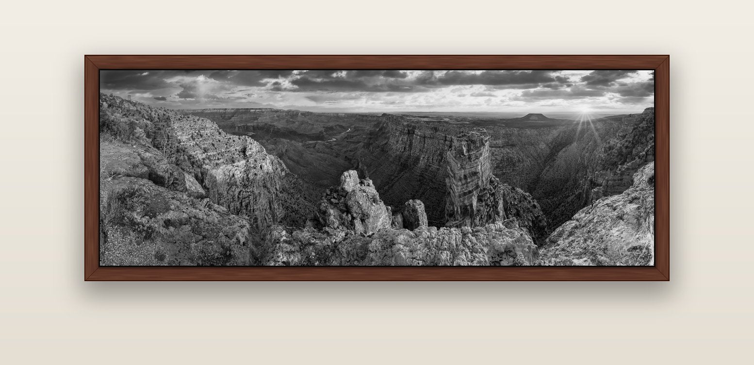 Desert's Symphony, Grand Canyon Sunrise Reverie — brown float frame canvas, 152 × 56 cm. New Zealand fine art landscape wall art by Stephen Milner.