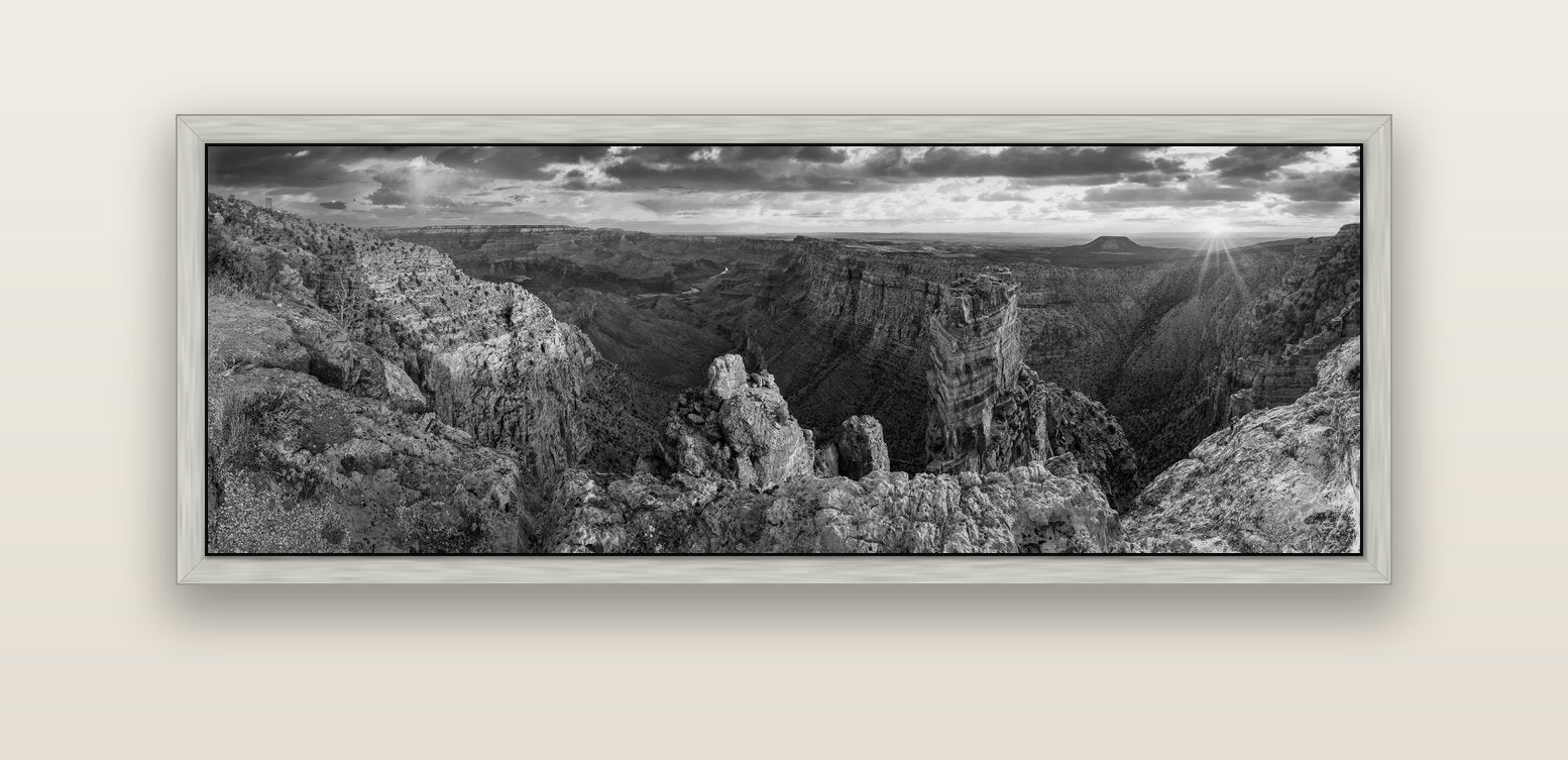 Desert's Symphony, Grand Canyon Sunrise Reverie — silver float frame canvas, 152 × 56 cm. New Zealand fine art landscape wall art by Stephen Milner.