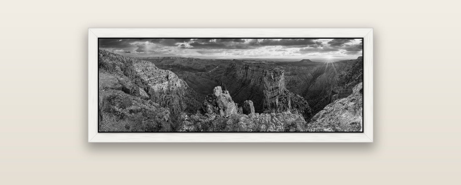 Desert's Symphony, Grand Canyon Sunrise Reverie — white float frame canvas, 102 × 36 cm. New Zealand fine art landscape wall art by Stephen Milner.