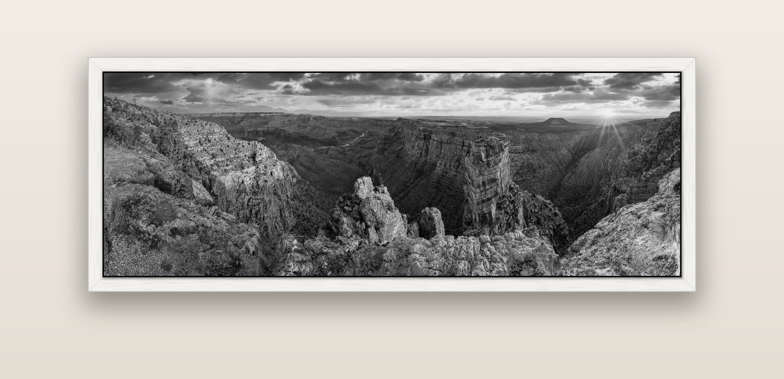 Desert's Symphony, Grand Canyon Sunrise Reverie — white float frame canvas, 152 × 56 cm. New Zealand fine art landscape wall art by Stephen Milner.
