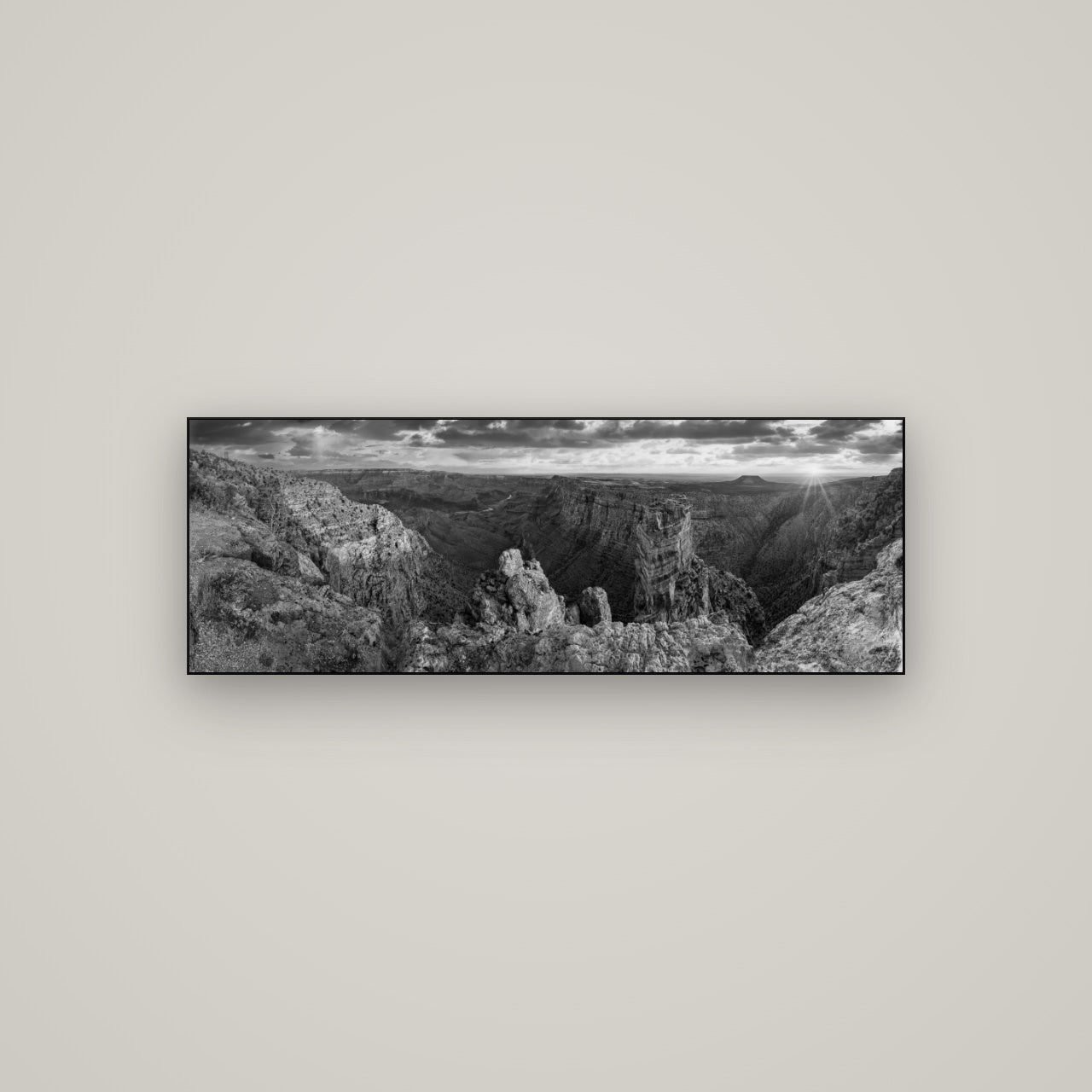 Desert's Symphony, Grand Canyon Sunrise Reverie — Slimline Black, 113×40 cm. New Zealand fine art wall art by Stephen Milner.
