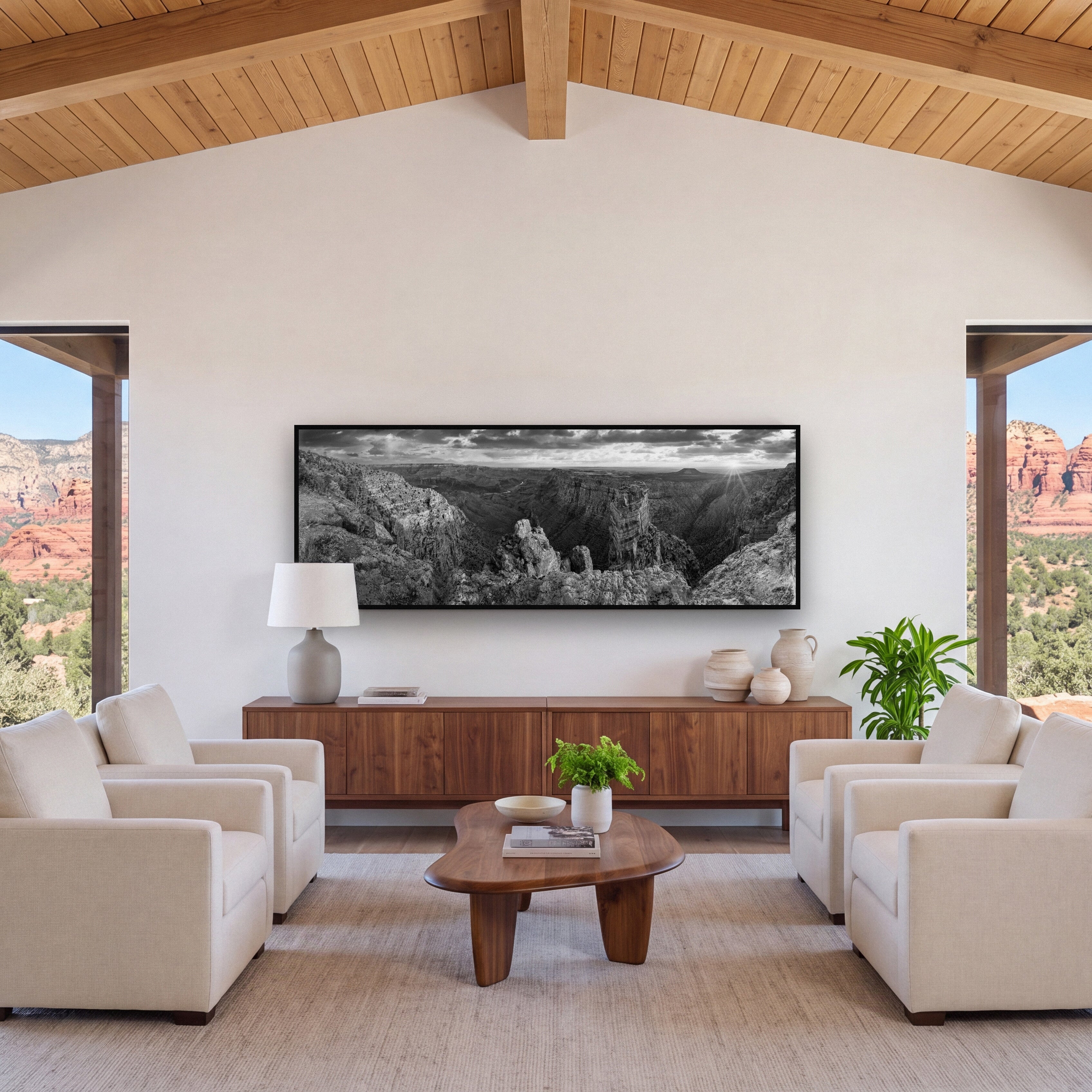 Desert's Symphony, Grand Canyon Sunrise Reverie shown as large black and white wall art in a styled interior. Fine art landscape photography by Stephen Milner.
