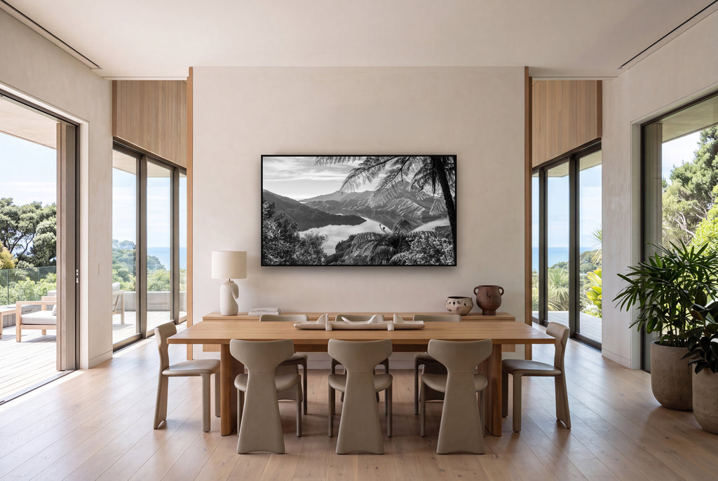 Nature's Window to Devils Staircase, Marlborough Sounds shown as large black and white wall art in a styled room, fine art by Stephen Milner.