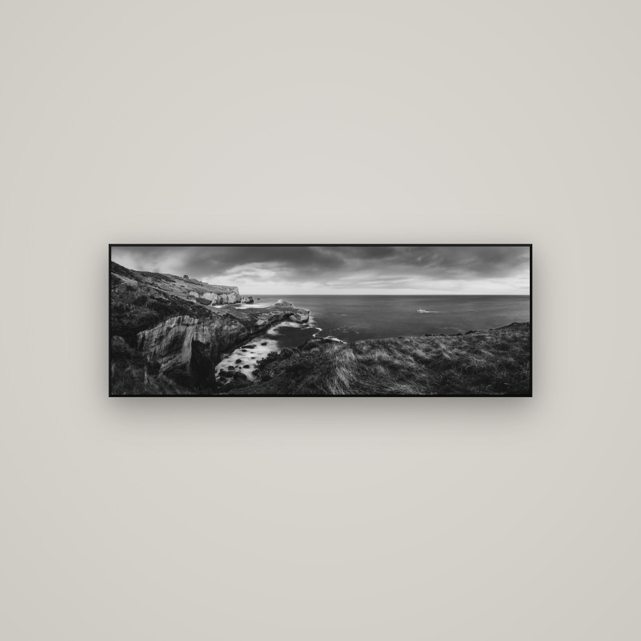 Dunedin Serenity, Tunnel Beach Sunset — ArtBox Black, 113×40 cm. New Zealand fine art wall art by Stephen Milner.
